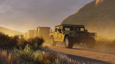 Military motorcade on a canyon road 2