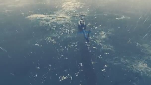 Helicopter flies over stormy ocean at night — Stock Video