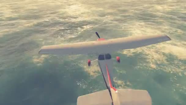 Piccolo aereo vola sopra l'oceano calmo al tramonto — Video Stock