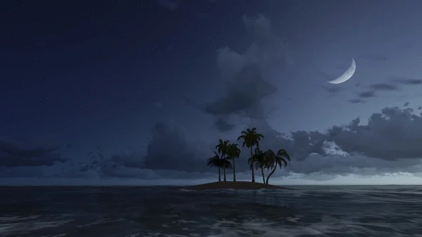 小的热带岛屿，在月明之夜 — 图库照片