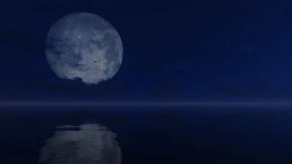 大镜子水面上方的满月 — 图库照片