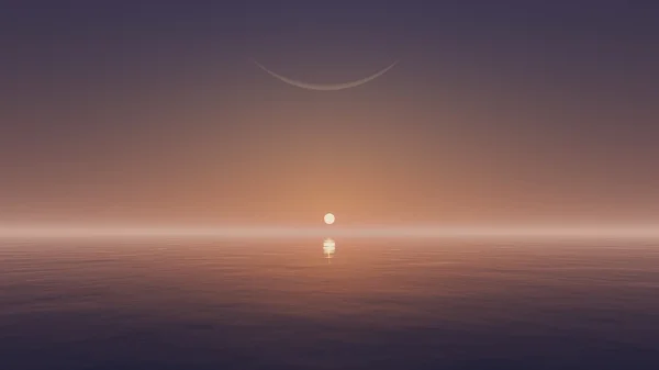 Sol naciente y media luna sobre la superficie del agua —  Fotos de Stock
