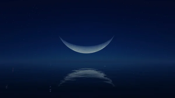 Gran media luna por encima de la superficie del espejo de agua — Foto de Stock