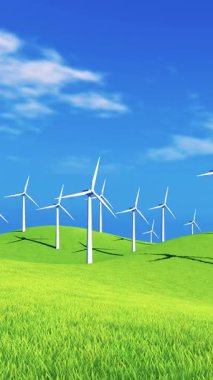 Soyut kırsal arazinin panoramik görüntüsü. Güneşli bahar gününde mavi gökyüzünün altında dönen rüzgar türbinleri. Alternatif yenilenebilir enerji kaynağı kavramı dikey 3B canlandırması.