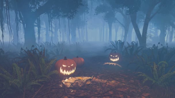 Halloween pumpkins in a scary night forest — Stock Video