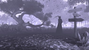Night forest with grim reaper silhouette monochrome clipart