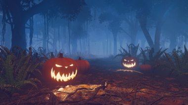 Halloween pumpkins puslu bir ormandaki yakın çekim