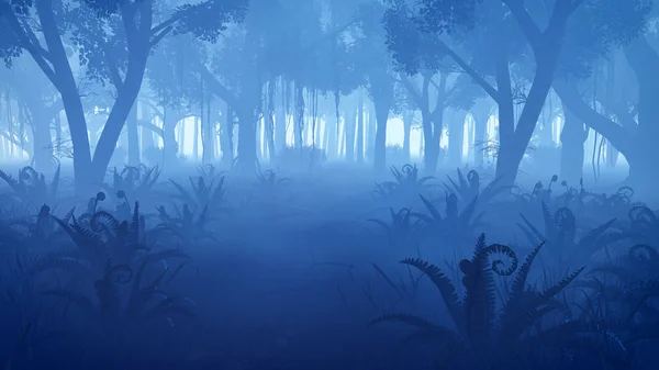 Foresta di notte nebbiosa con boscaglie di felci in primo piano — Foto Stock