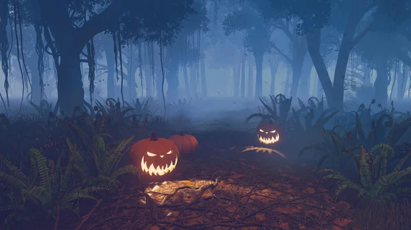Abóboras de Halloween em uma floresta noturna assustadora — Fotografia de Stock