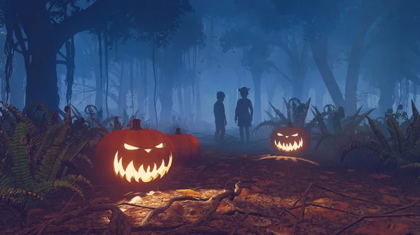 Halloween pompoenen en kinderen silhouetten — Stockfoto