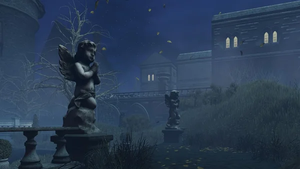 Скульптура Купидона в туманную осеннюю ночь — стоковое фото