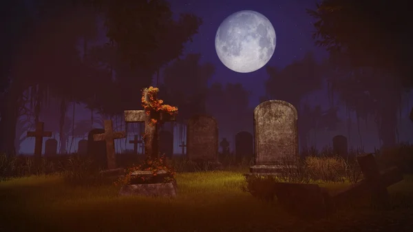 Lua cheia acima do cemitério abandonado — Fotografia de Stock