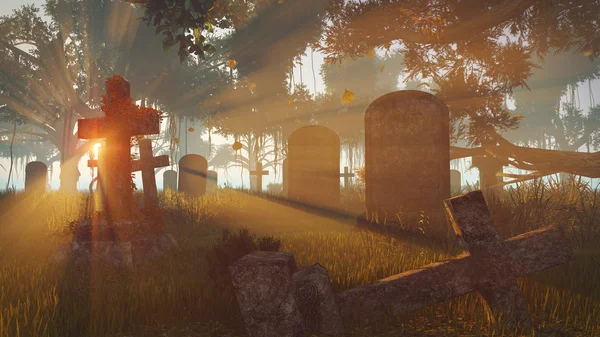 Осінній захід сонця на кладовищі — стокове фото