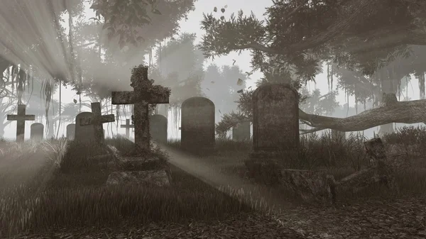 Cemitério abandonado ao pôr-do-sol monocromático — Fotografia de Stock