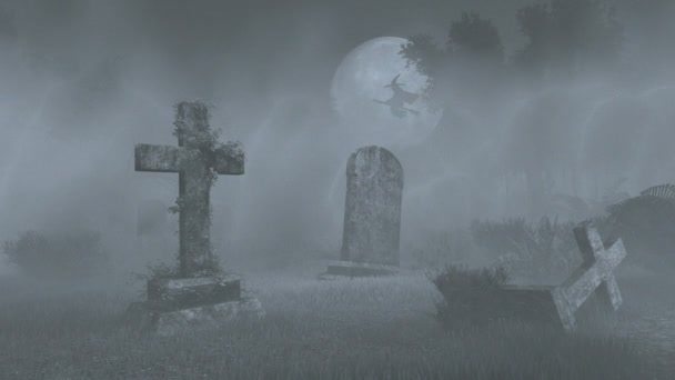 Lua cheia acima do velho cemitério assustador. Monocromático — Vídeo de Stock