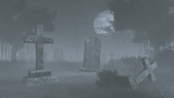 Cementerio espeluznante bajo la luna llena grande. Caducidad — Vídeo de stock