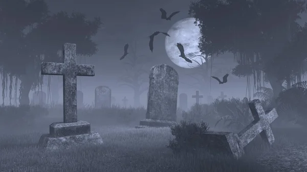 큰 보름달 아래 유령 묘지 — 스톡 사진