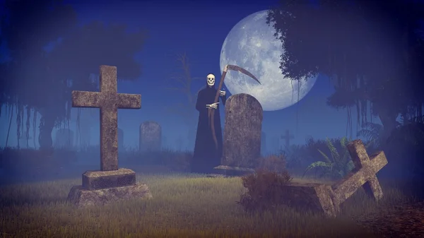 Grim reaper at spooky night cemetery — Stock Photo, Image