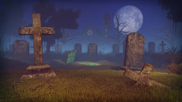 Spookachtige begraafplaats met vers gegraven graf — Stockfoto