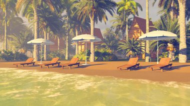 Şezlonglar ve kumlu bir tropikal plaj şemsiye