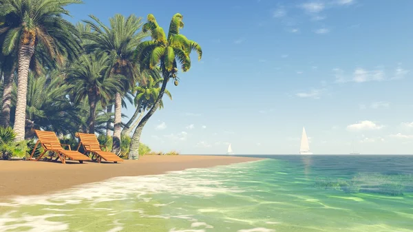 Solstolar på en tropisk strand, solig dag — Stockfoto