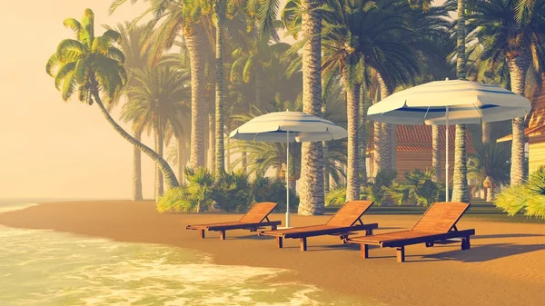 Şezlonglar ve güneş sıcak bir tropikal plaj şemsiyeleri — Stok fotoğraf