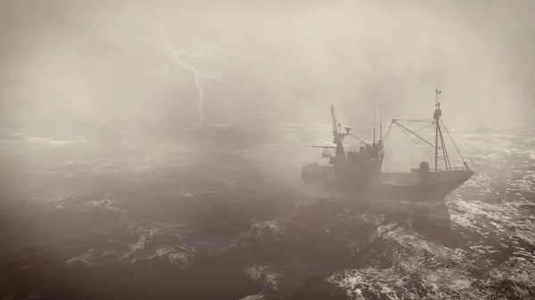 Połów Łódka w ciężki sztorm z oświetleniem — Zdjęcie stockowe