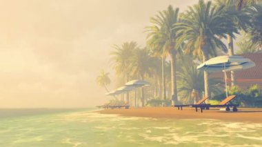 Gün batımında tropikal bir plajda şezlonglar ve şemsiyeler