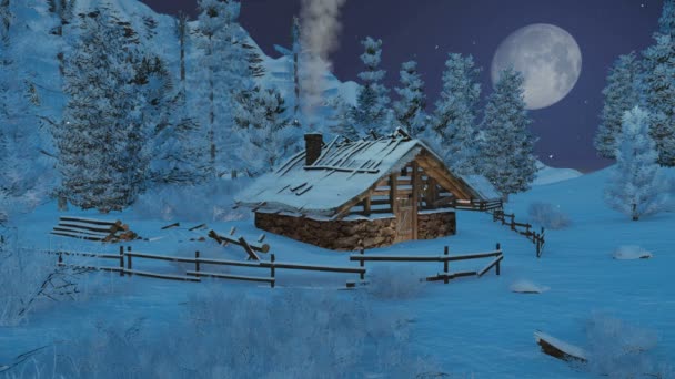 Маленькая хижина в горах в снежную ночь — стоковое видео