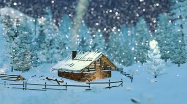 Dağlarda kar yağışı gece rahat küçük kulübe