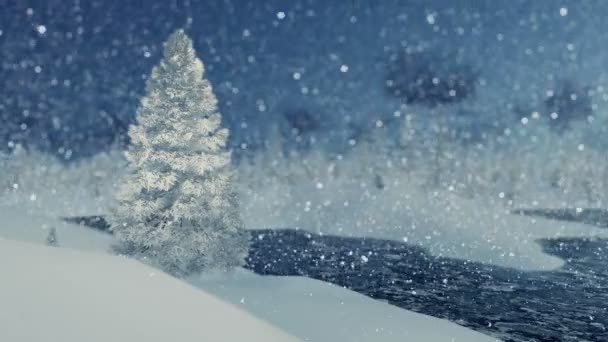 Sapin neigeux et rivière gelée à la nuit des chutes de neige — Video