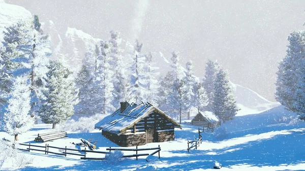Piccola capanna alta in montagna a nevicata — Foto Stock