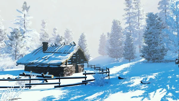 Cabana pequena aconchegante em uma floresta de inverno nevada — Fotografia de Stock