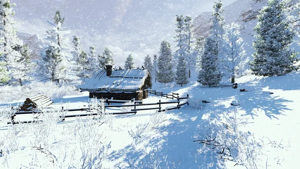 Little hut in a mountains at sunny winter day — Stock Photo, Image