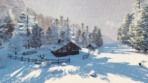 Маленька каюта в засніжених горах на снігопаді — стокове фото