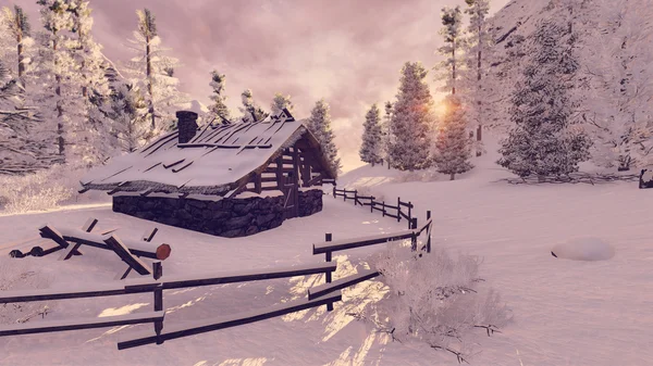 Przytulny mały domek wśród snowy jodły na zachodzie słońca — Zdjęcie stockowe