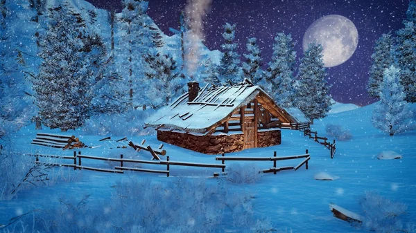 Petite cabane dans une montagne à la nuit de neige — Photo