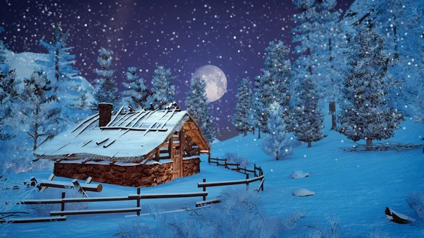 满月以上降雪在白雪皑皑的小木屋 — 图库照片