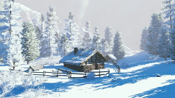 冬の日に雪に覆われた山の中の小さな小屋 ロイヤリティフリーのストック写真