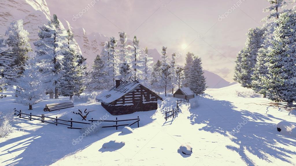 Little cabin in a snowy mountains at dawn