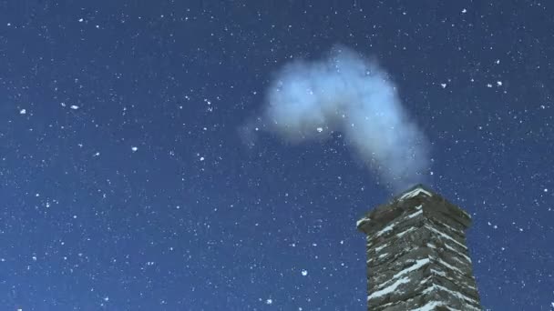 Casa chimenea con humo en la noche nevada — Vídeos de Stock