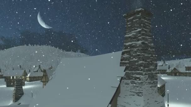 Snowbound village at snowfall winter night — Stock Video
