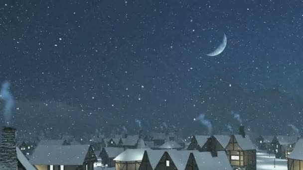 Полет над снежными крышами с дымящимся дымоходом в снежную ночь — стоковое видео
