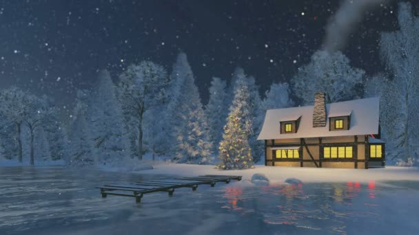 Αγροτικό σπίτι και στολισμένο χριστουγεννιάτικο δέντρο, τη νύχτα της χιονόπτωσης — Αρχείο Βίντεο