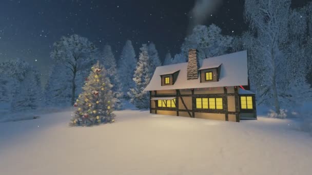 Casa rústica y árbol de Navidad en la noche de nevadas — Vídeos de Stock