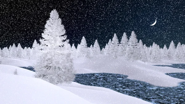 Snötäckta granar och frusna floden snöfall nattetid — Stockfoto