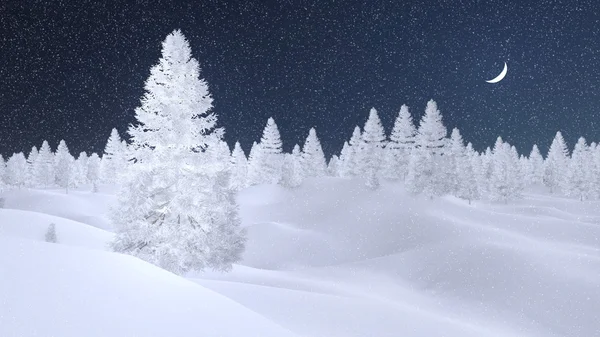Снігопадний ялиновий ліс вночі — стокове фото