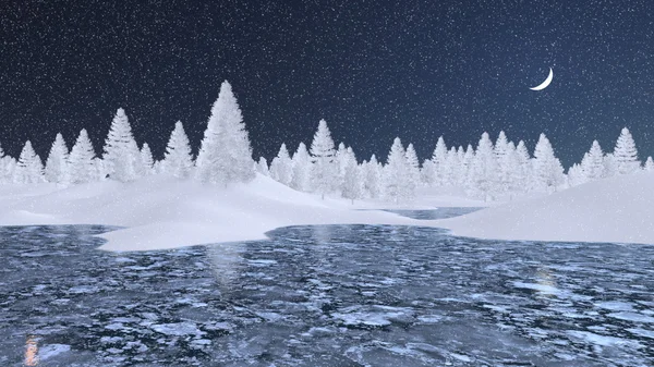 Abeti nevosi e lago ghiacciato durante la notte d'inverno — Foto Stock