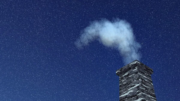Casa chimenea con humo en la noche nevada — Foto de Stock