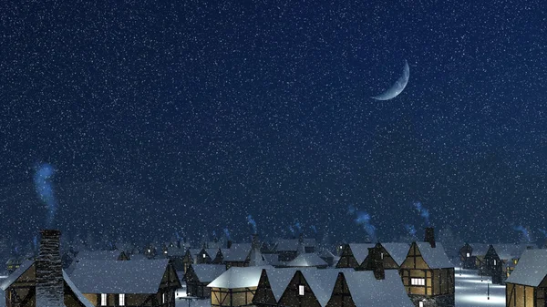 Snowy dachy z Dymiące kominy w zimową noc — Zdjęcie stockowe